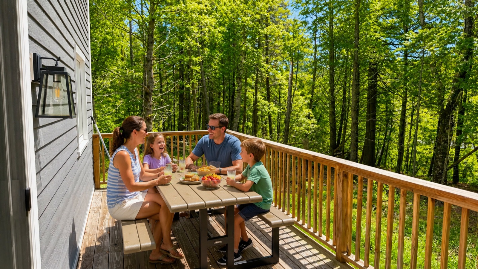 Family lunch on the deck surrounded by green trees