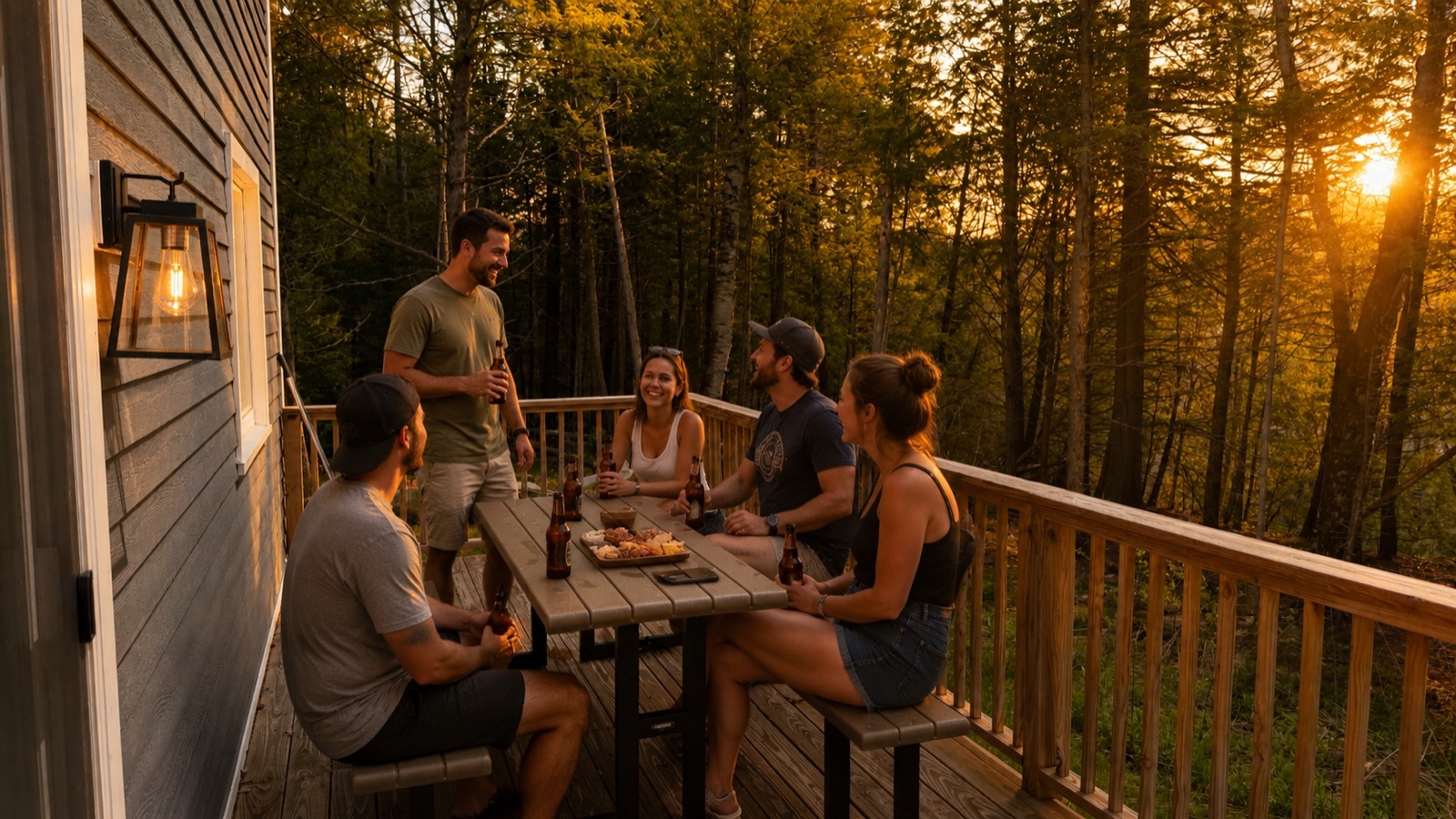 Friends on the deck at golden hour