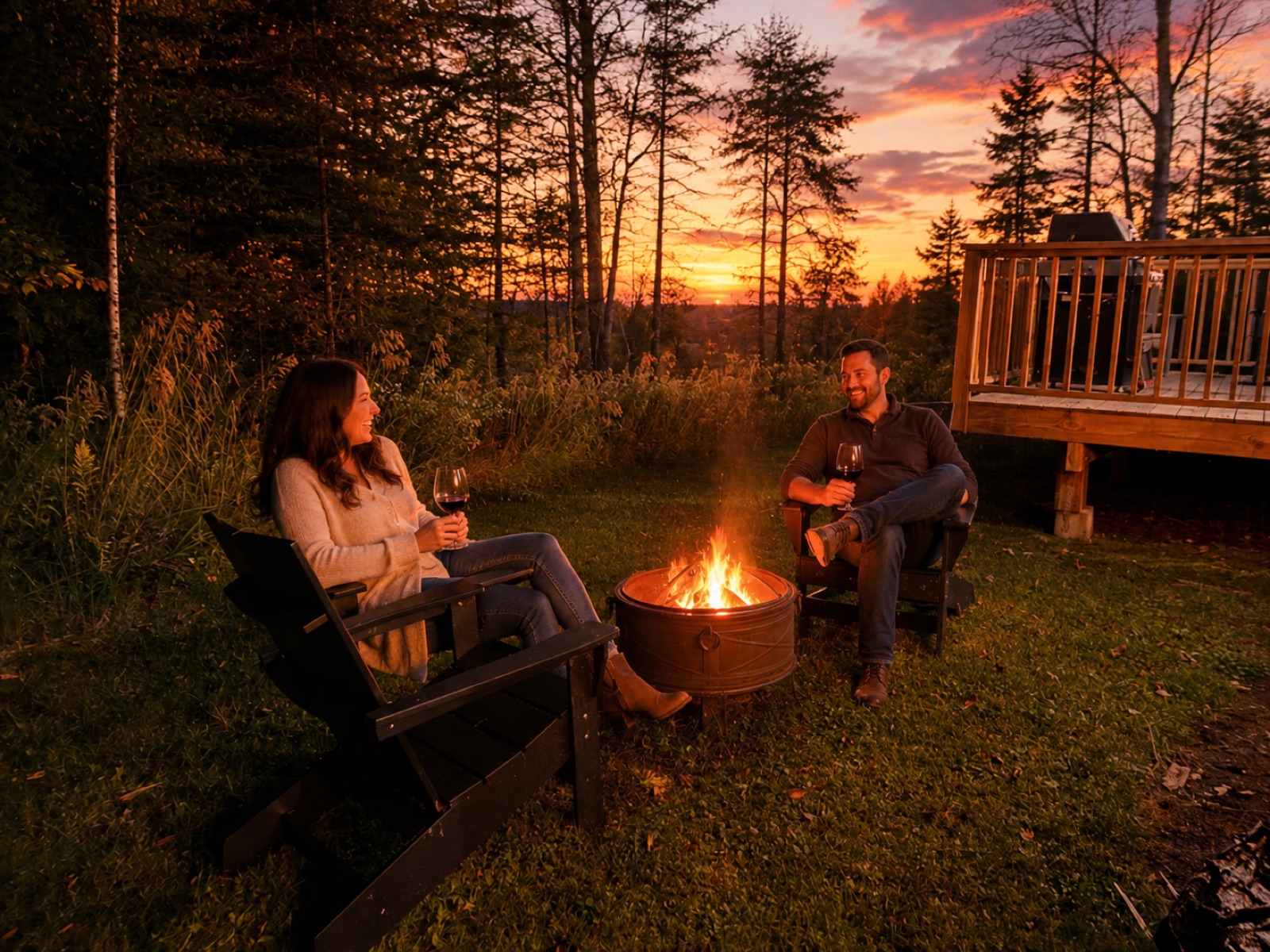 Wine at the fire pit under a sunset sky