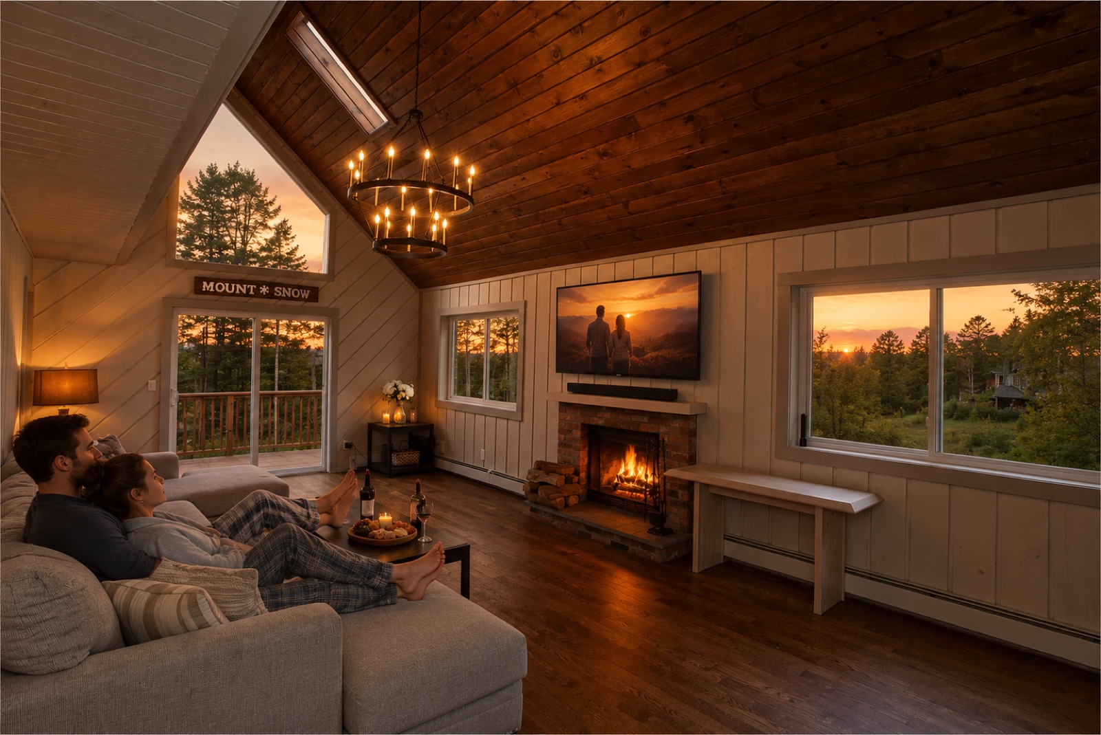 Vaulted living room with fireplace at sunset
